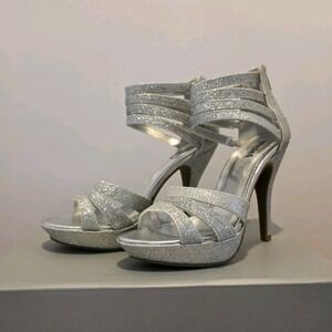 Unlisted Strappy Silver Glitter Stiletto Open Toe Women's Heels Size 7 M